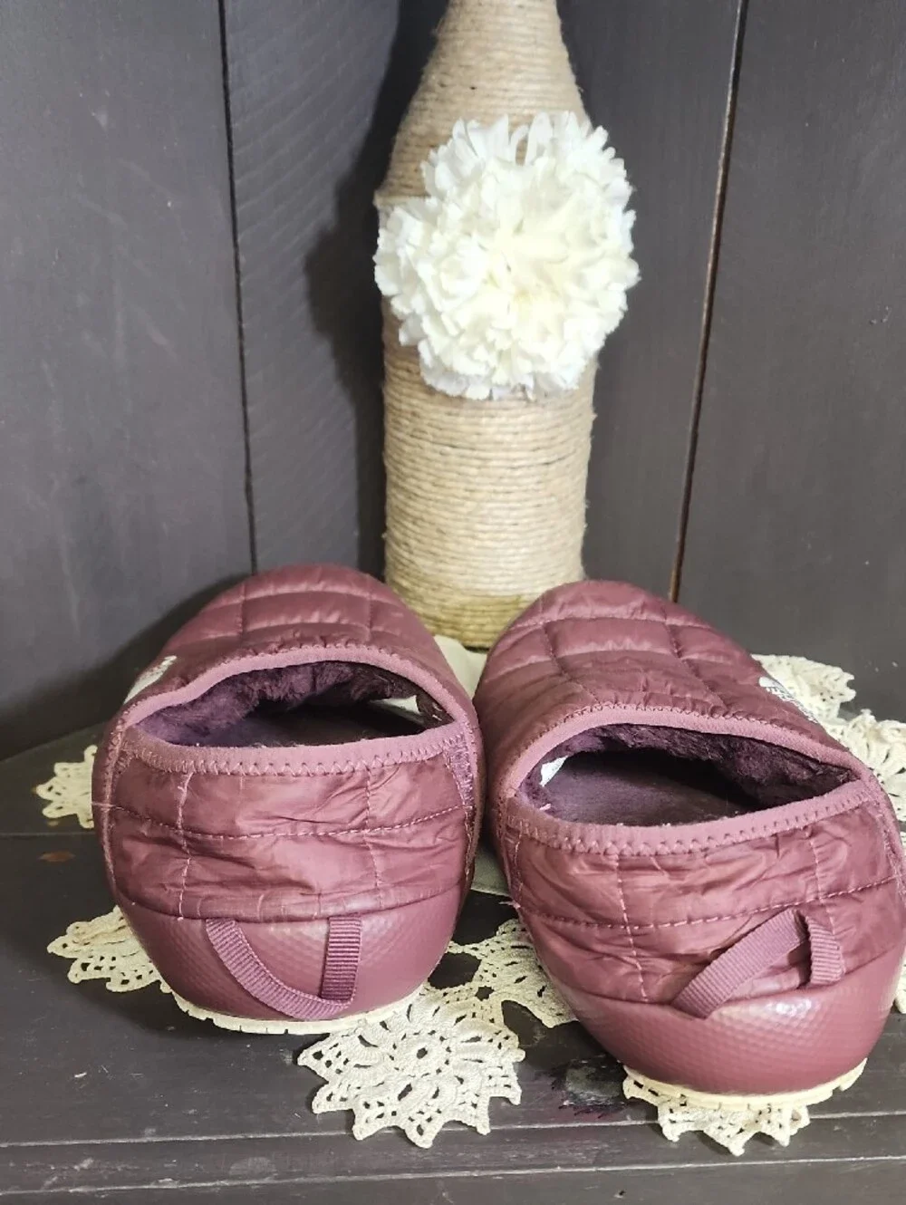 The North Face Quilted Slip-On Winter Clogs in Burgundy